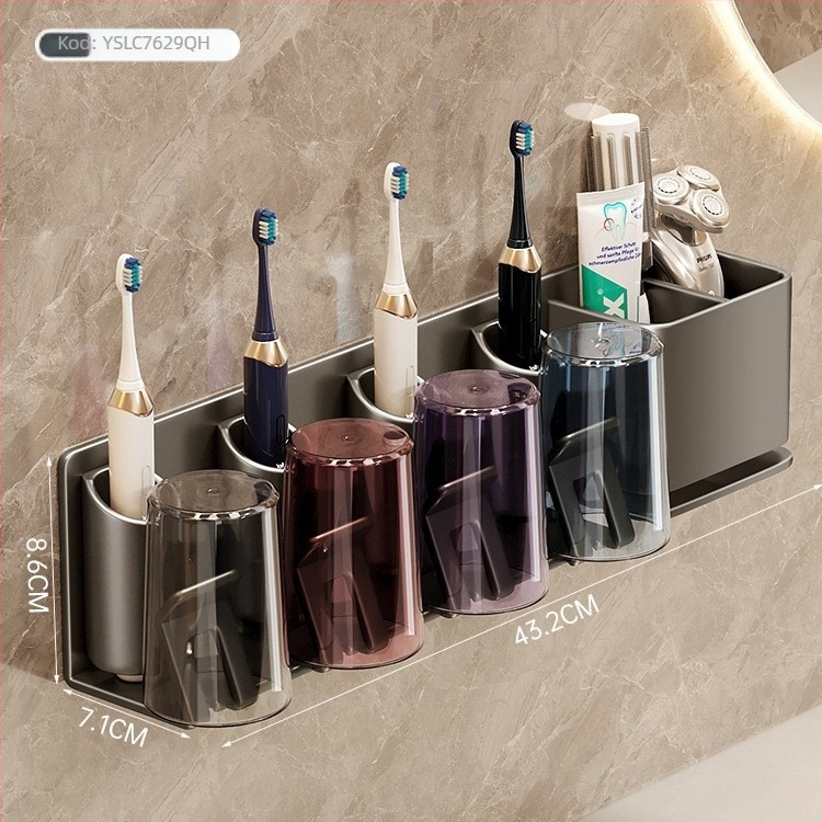 Držač za četkicu za zube, zidni, bez bušenja, držač za čašu za usta i ispiranje, od Space aluminija i ABS-a, ugrađeni sustav