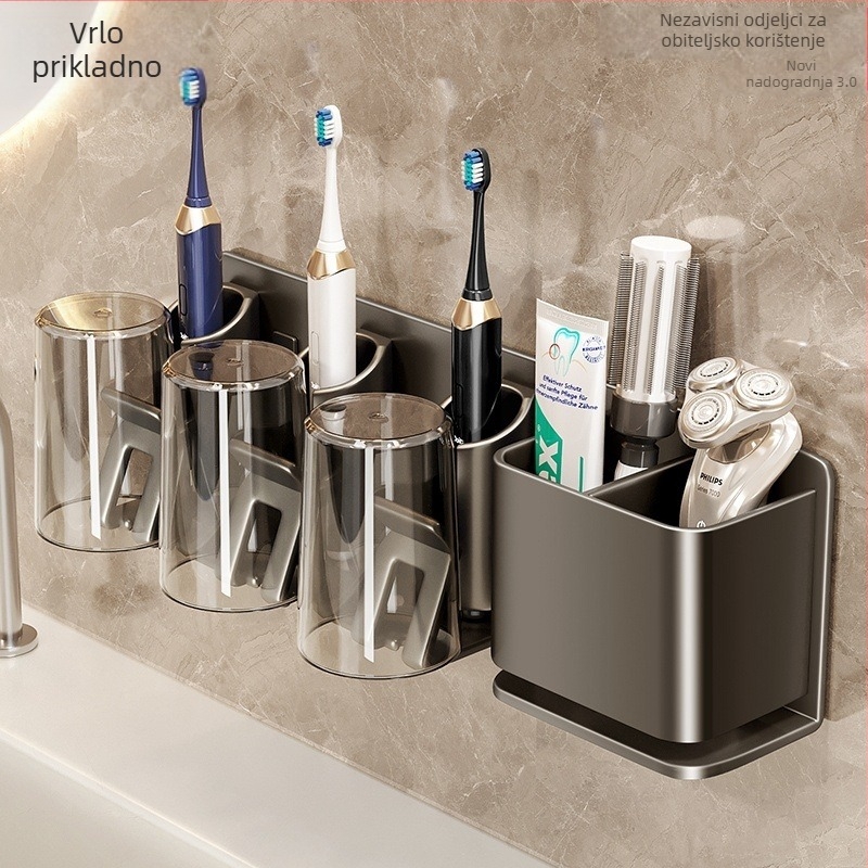 Držač za četkicu za zube, zidni, bez bušenja, držač za čašu za usta i ispiranje, od Space aluminija i ABS-a, ugrađeni sustav