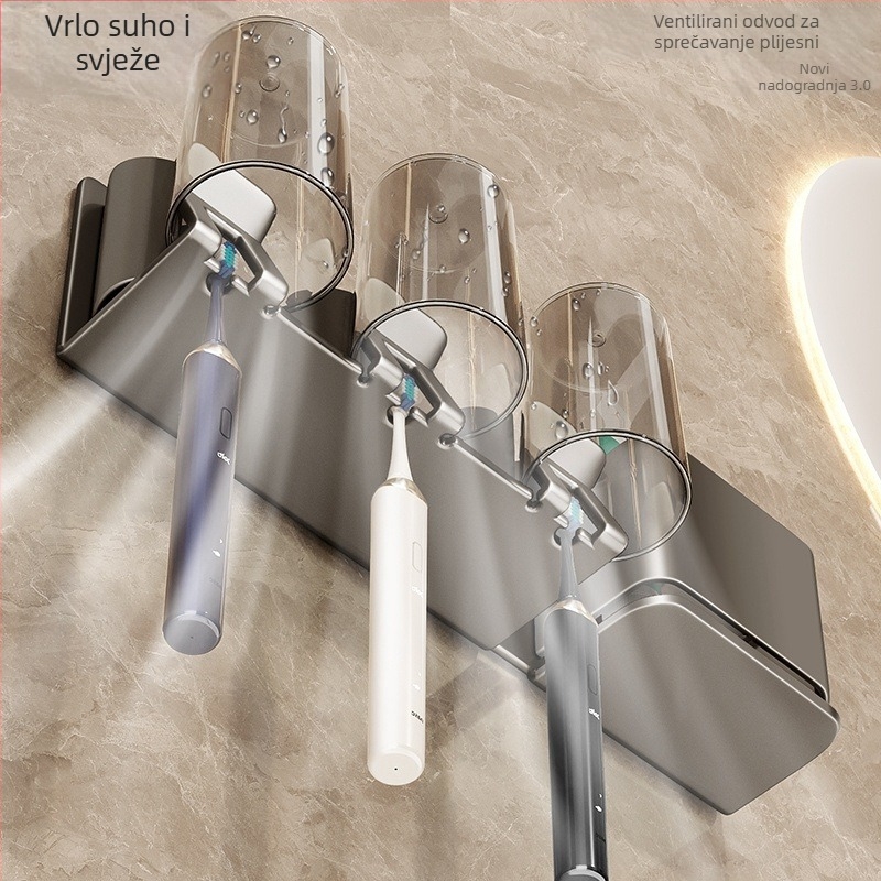 Držač za četkicu za zube, zidni, bez bušenja, držač za čašu za usta i ispiranje, od Space aluminija i ABS-a, ugrađeni sustav