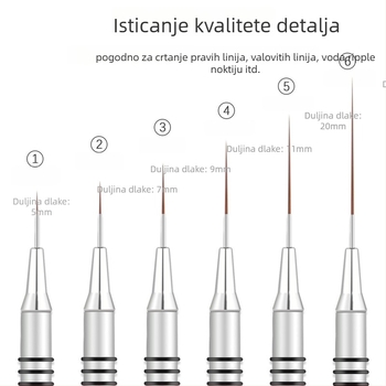 Set kistova za umjetnost noktiju, 6 kom, s dugim metalnim držalom i 8 spiralnih prstena za crtanje linija i slikanje cvijeća