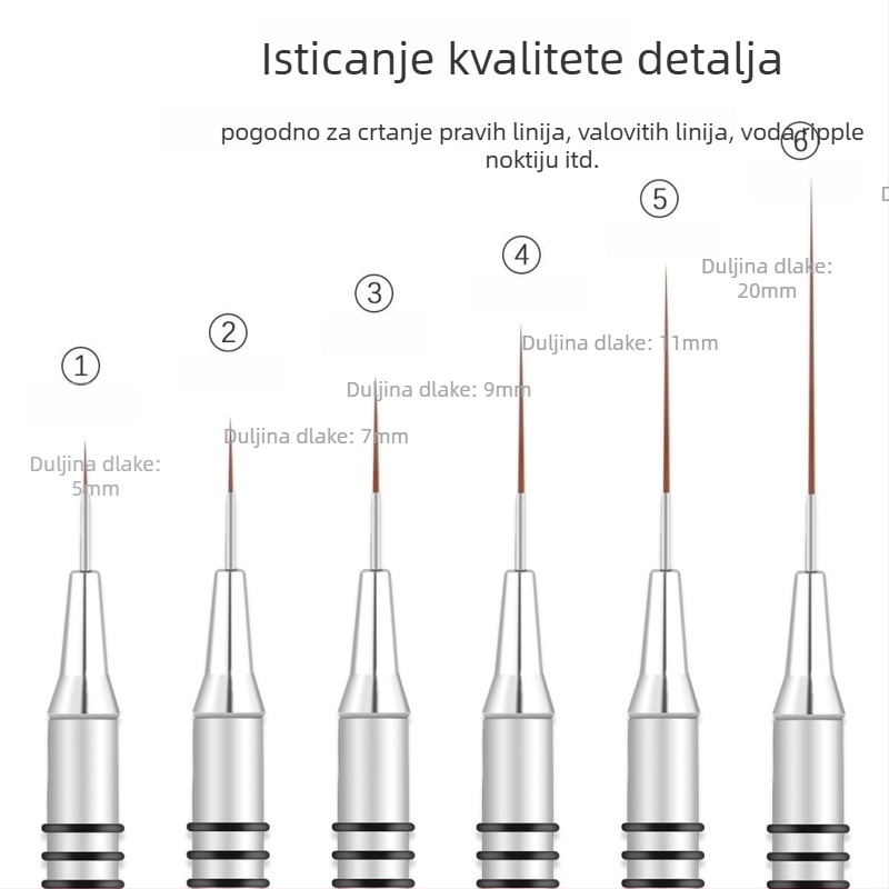Set kistova za umjetnost noktiju, 6 kom, s dugim metalnim držalom i 8 spiralnih prstena za crtanje linija i slikanje cvijeća