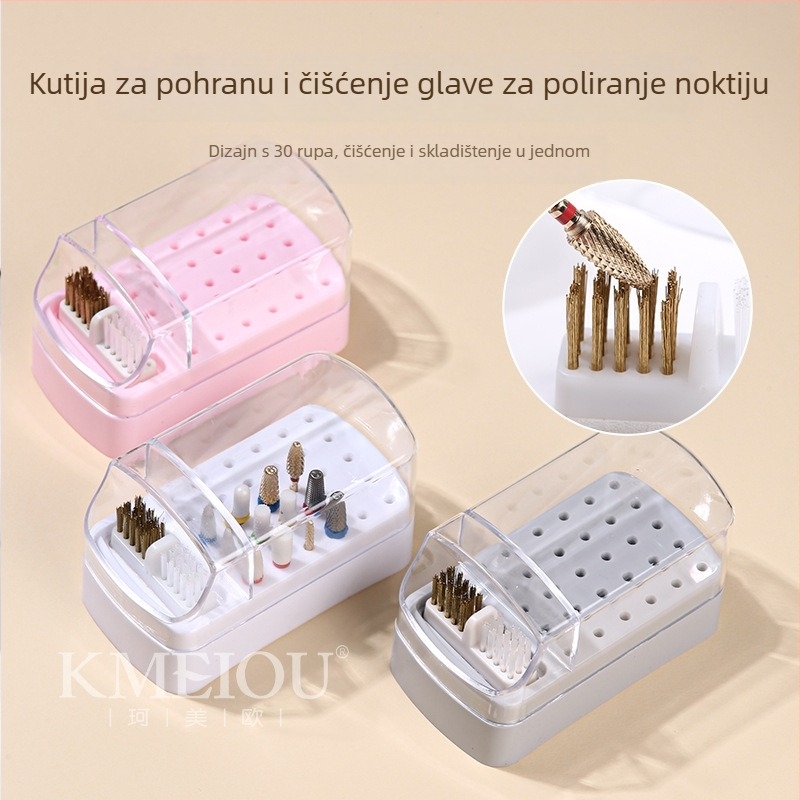 Kutija za pohranu 30 rupa za glavice za poliranje noktiju, 2-u-1 četkica za čišćenje, plastika, 67 g