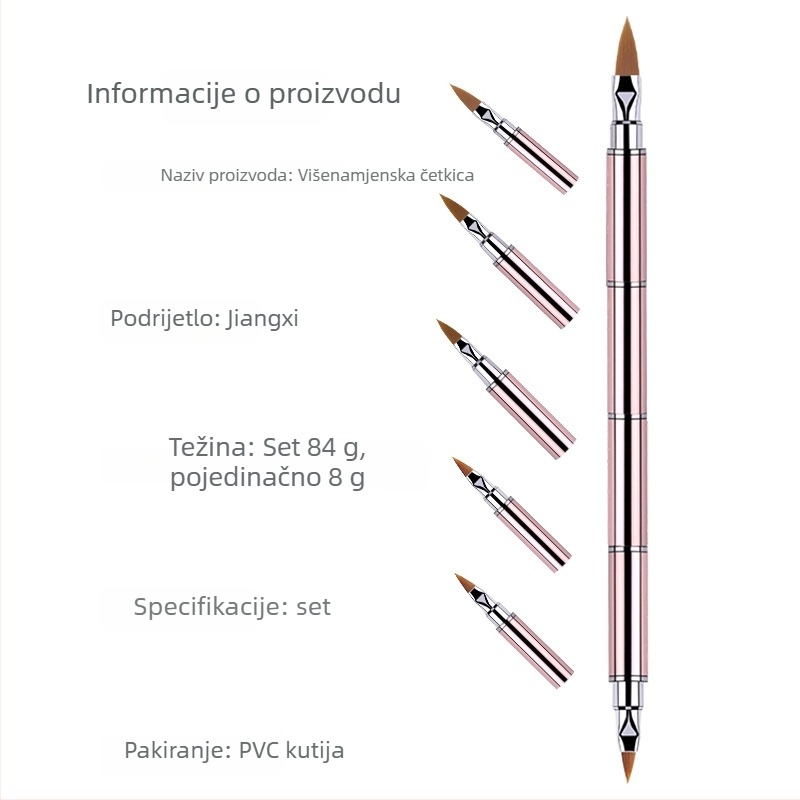 Set četkica za nokte s 10 komada s zamjenskim glavama, najlon vlakna, metalna drška, prenosni dizajn