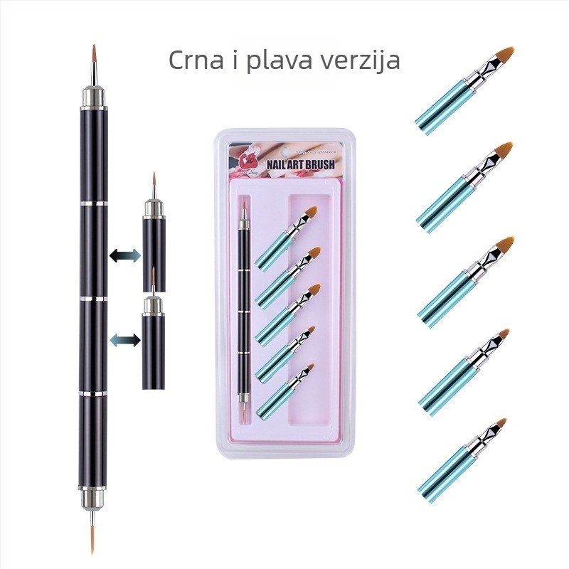 Set četkica za nokte s 10 komada s zamjenskim glavama, najlon vlakna, metalna drška, prenosni dizajn