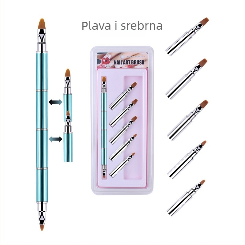 Set četkica za nokte s 10 komada s zamjenskim glavama, najlon vlakna, metalna drška, prenosni dizajn