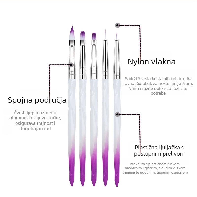 Set četkica za nokte s gradijentnim držačima, ugraviranim vrhovima, 5 komada OEM paket