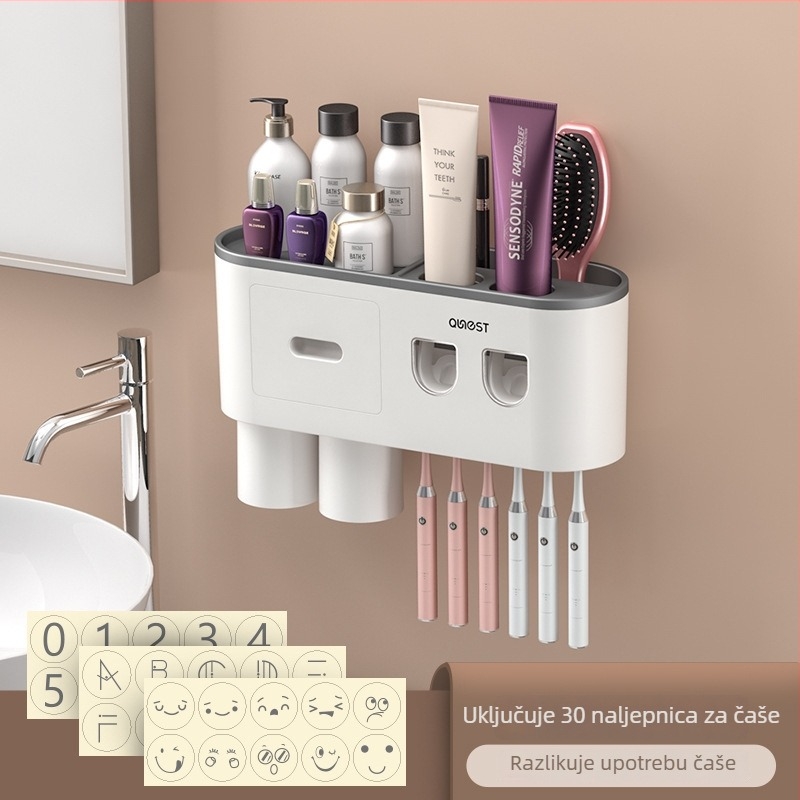 Držač četkice za zube, zidni, bez bušenja, plastičan, s pohranom i istiskivanjem paste