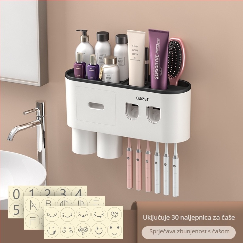 Držač četkice za zube, zidni, bez bušenja, plastičan, s pohranom i istiskivanjem paste