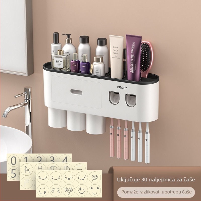 Držač četkice za zube, zidni, bez bušenja, plastičan, s pohranom i istiskivanjem paste