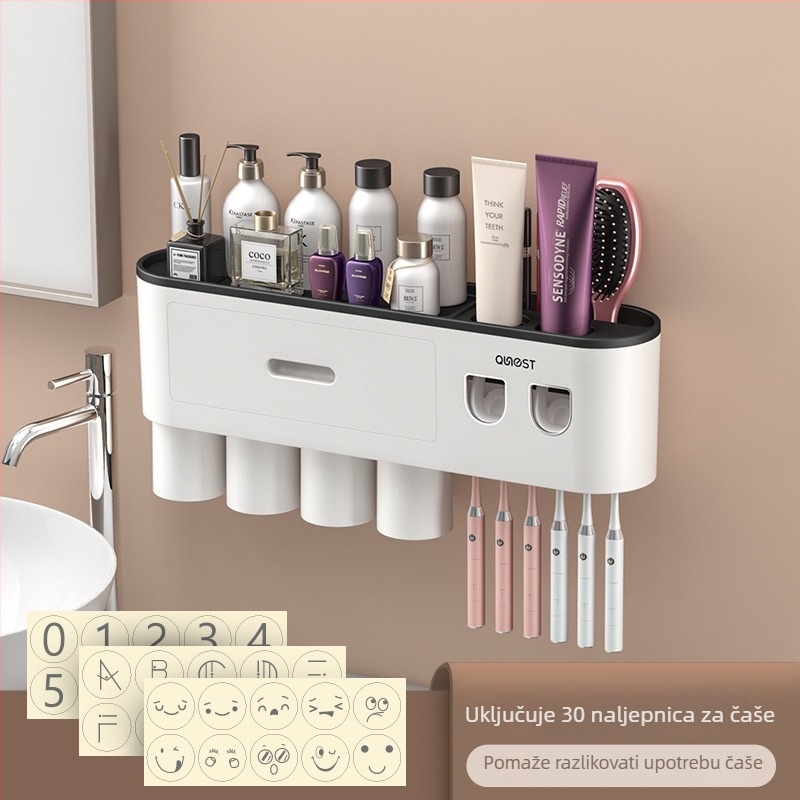 Držač četkice za zube, zidni, bez bušenja, plastičan, s pohranom i istiskivanjem paste