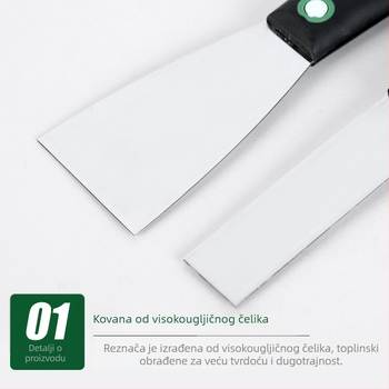 Calefu špachtla za malter s vlaknastim držalom, ogledni završetak oštrice od visokougljične čeli, duljina 200 mm, širina 25–150 mm, za dekorativno bojanje