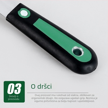 Calefu špachtla za malter s vlaknastim držalom, ogledni završetak oštrice od visokougljične čeli, duljina 200 mm, širina 25–150 mm, za dekorativno bojanje