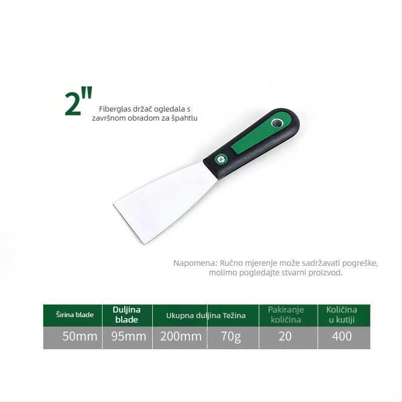 Calefu špachtla za malter s vlaknastim držalom, ogledni završetak oštrice od visokougljične čeli, duljina 200 mm, širina 25–150 mm, za dekorativno bojanje