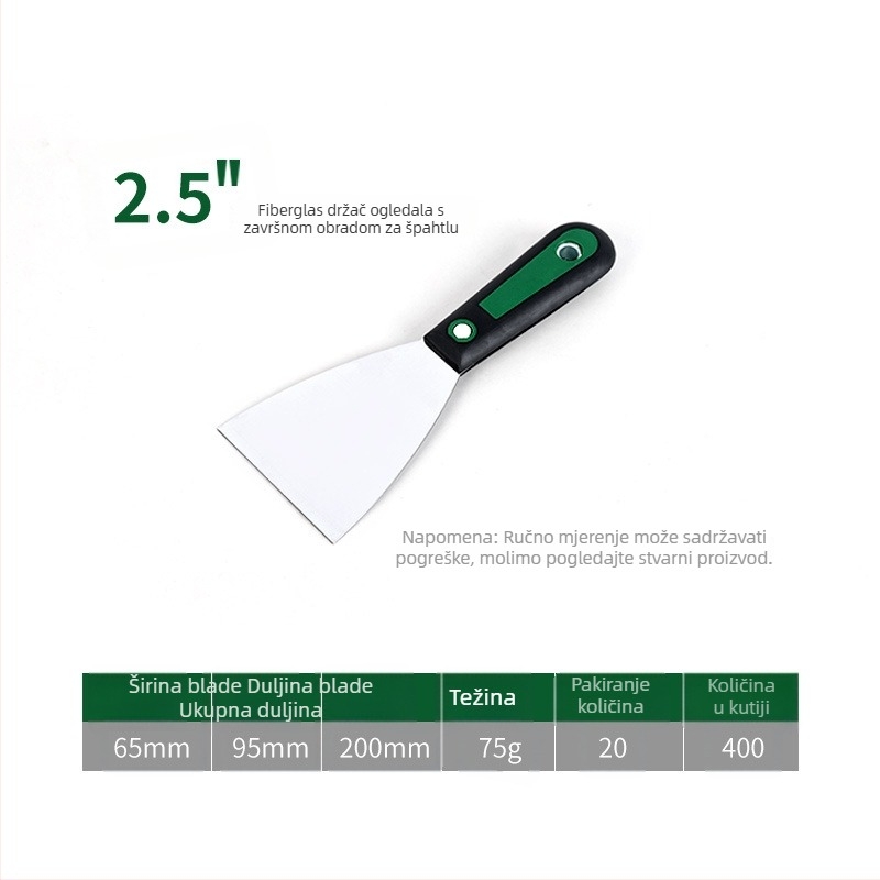 Calefu špachtla za malter s vlaknastim držalom, ogledni završetak oštrice od visokougljične čeli, duljina 200 mm, širina 25–150 mm, za dekorativno bojanje