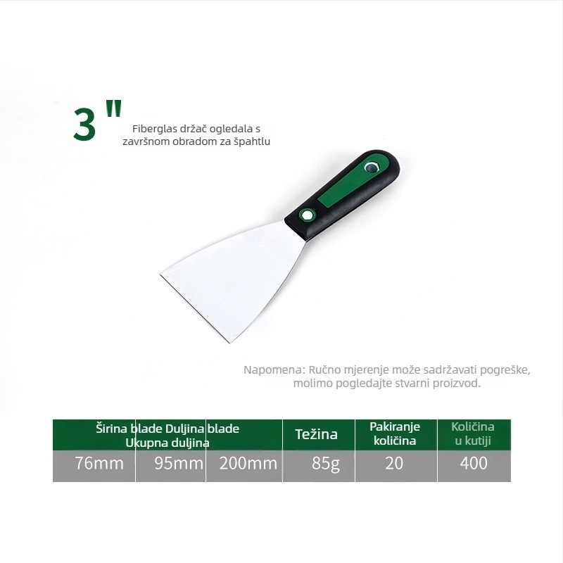 Calefu špachtla za malter s vlaknastim držalom, ogledni završetak oštrice od visokougljične čeli, duljina 200 mm, širina 25–150 mm, za dekorativno bojanje