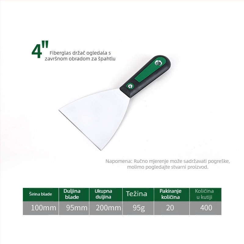 Calefu špachtla za malter s vlaknastim držalom, ogledni završetak oštrice od visokougljične čeli, duljina 200 mm, širina 25–150 mm, za dekorativno bojanje