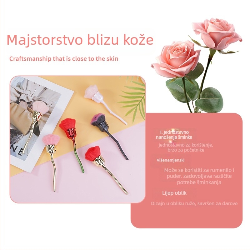 Make-up četkica za puder s najlonskim i sintetičkim dlačicama, duga drška od ABS elektroplatiranog materijala, jednokratno pakiranje