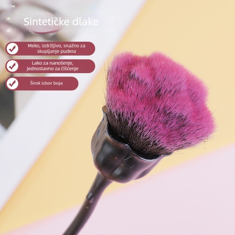 Make-up četkica za puder s najlonskim i sintetičkim dlačicama, duga drška od ABS elektroplatiranog materijala, jednokratno pakiranje