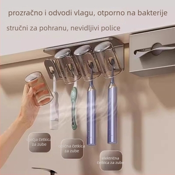 Držač za četkicu i pastu sa čašom, zidna montaža, bez bušenja, plastični kupaonski organizator