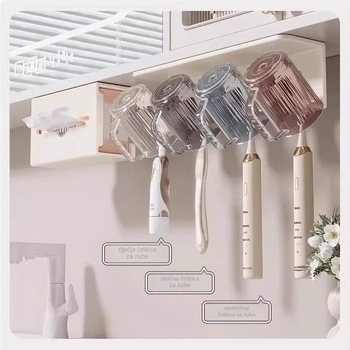 Držač za četkicu i pastu sa čašom, zidna montaža, bez bušenja, plastični kupaonski organizator