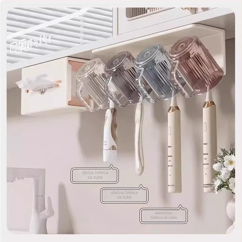 Držač za četkicu i pastu sa čašom, zidna montaža, bez bušenja, plastični kupaonski organizator