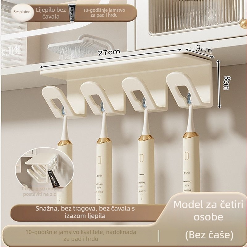 Držač za četkicu i pastu sa čašom, zidna montaža, bez bušenja, plastični kupaonski organizator