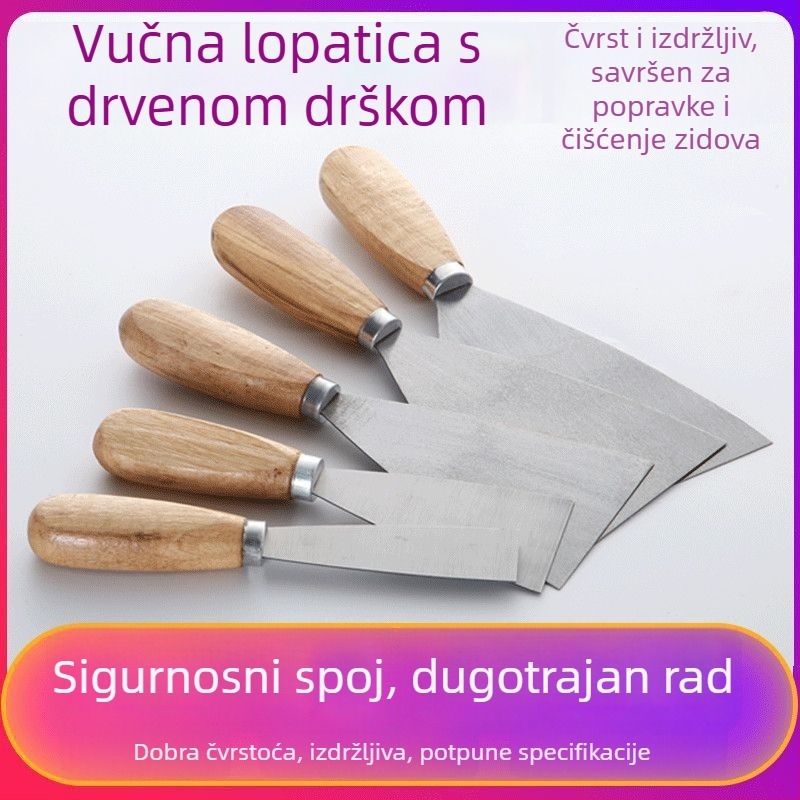 Špatula za glet s drvenom drškom od nehrđajućeg čelika, ojačana oštrica – za špachtanje zidova, nanošenje gleta i bojanje