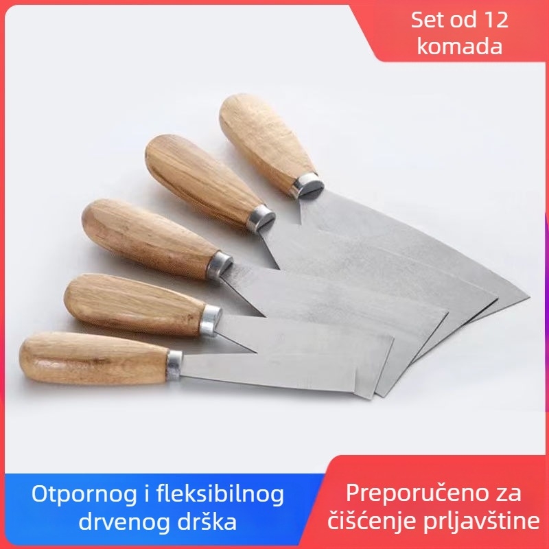 Špatula za glet s drvenom drškom od nehrđajućeg čelika, ojačana oštrica – za špachtanje zidova, nanošenje gleta i bojanje