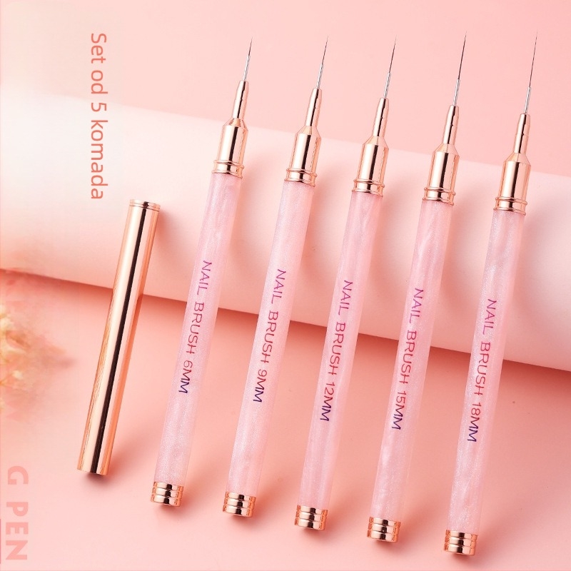 Olovka za praćenje noktiju s dugom akrilnom drškom i smolnom šipkom – set od 5 četkica