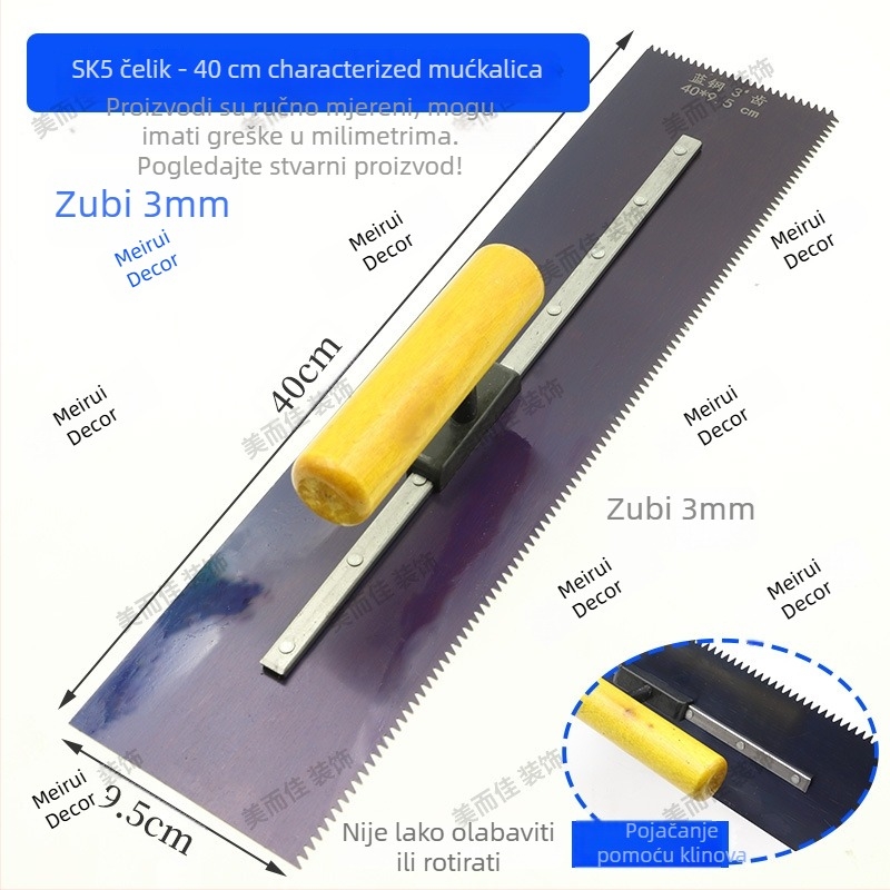 Samonivelirajuća podna špatula s zubnim rubom, čelična oštrica, za slojeve podnih obloga, profesionalne kvalitete