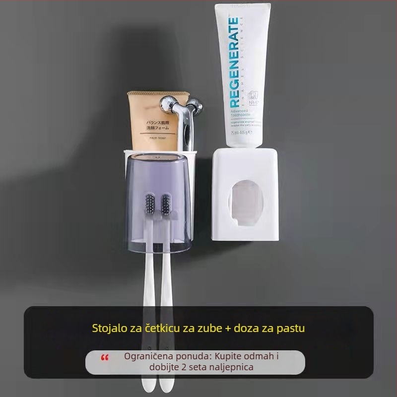 Set držač za četkice za zube sa usisnim držačem na zid, plastična konstrukcija, dozator paste i čašica za ispiranje