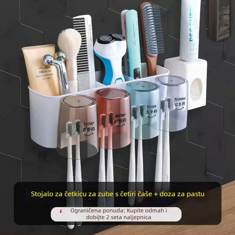 Set držač za četkice za zube sa usisnim držačem na zid, plastična konstrukcija, dozator paste i čašica za ispiranje