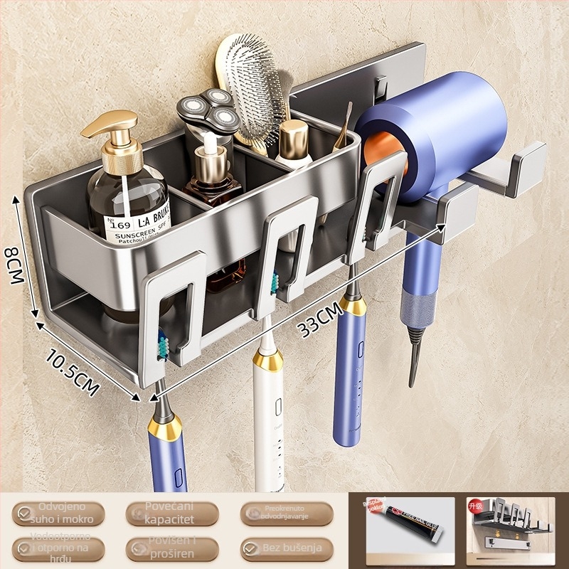Držač četkica za zube na zid, kosmičkog aluminija, 1-4 pretinca, s dozatorom za pastu, sušenje i pohrana, bez bušenja