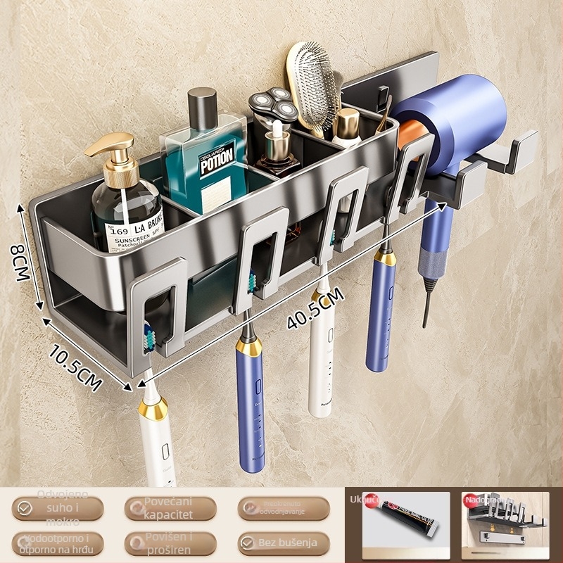 Držač četkica za zube na zid, kosmičkog aluminija, 1-4 pretinca, s dozatorom za pastu, sušenje i pohrana, bez bušenja