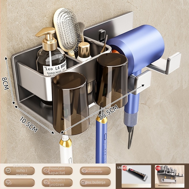 Držač četkica za zube na zid, kosmičkog aluminija, 1-4 pretinca, s dozatorom za pastu, sušenje i pohrana, bez bušenja