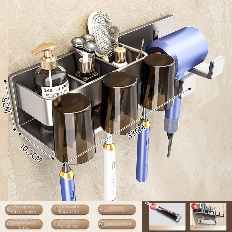 Držač četkica za zube na zid, kosmičkog aluminija, 1-4 pretinca, s dozatorom za pastu, sušenje i pohrana, bez bušenja