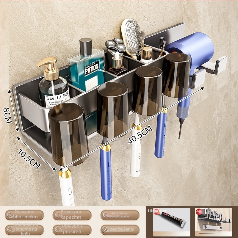Držač četkica za zube na zid, kosmičkog aluminija, 1-4 pretinca, s dozatorom za pastu, sušenje i pohrana, bez bušenja