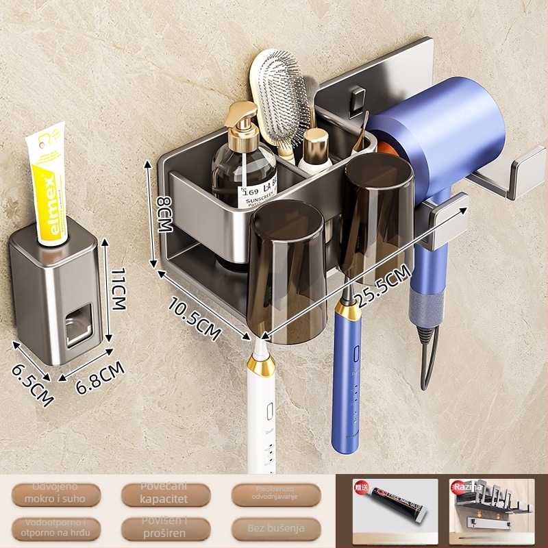 Držač četkica za zube na zid, kosmičkog aluminija, 1-4 pretinca, s dozatorom za pastu, sušenje i pohrana, bez bušenja