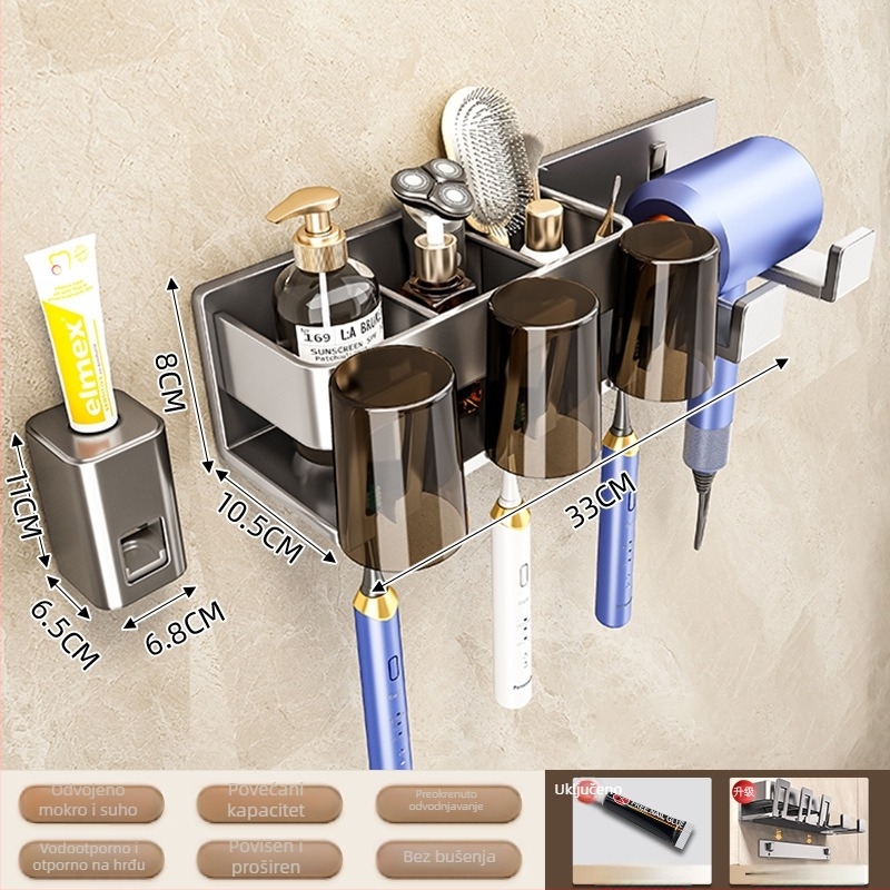 Držač četkica za zube na zid, kosmičkog aluminija, 1-4 pretinca, s dozatorom za pastu, sušenje i pohrana, bez bušenja
