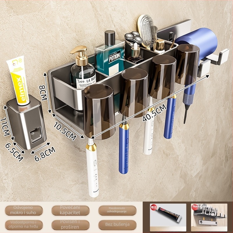 Držač četkica za zube na zid, kosmičkog aluminija, 1-4 pretinca, s dozatorom za pastu, sušenje i pohrana, bez bušenja