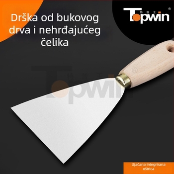 Špahtla za špakiranje od nehrđajućeg čelika, debela oštrica s oglednim završetkom, drvena drška, otvor za vješanje, za bojanje i žbukanje.