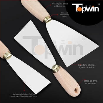 Špahtla za špakiranje od nehrđajućeg čelika, debela oštrica s oglednim završetkom, drvena drška, otvor za vješanje, za bojanje i žbukanje.