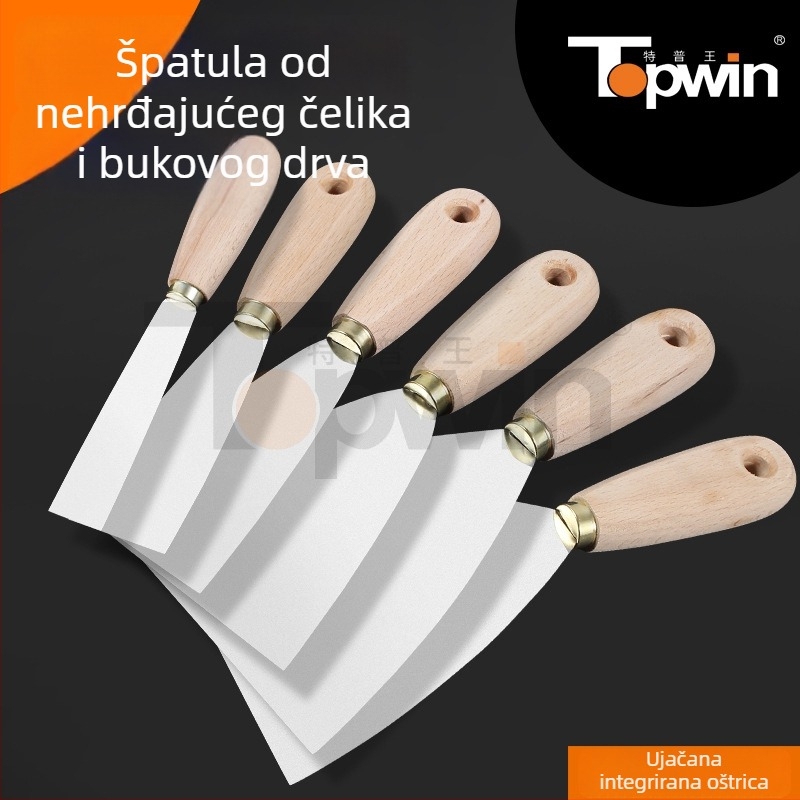 Špahtla za špakiranje od nehrđajućeg čelika, debela oštrica s oglednim završetkom, drvena drška, otvor za vješanje, za bojanje i žbukanje.