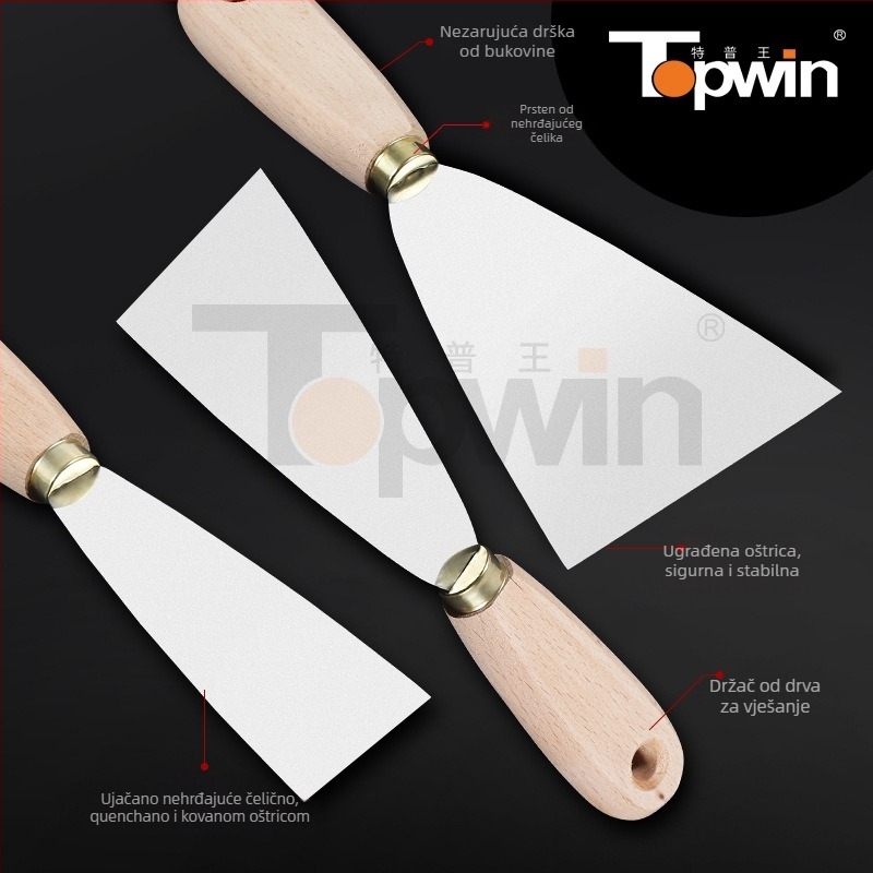 Špahtla za špakiranje od nehrđajućeg čelika, debela oštrica s oglednim završetkom, drvena drška, otvor za vješanje, za bojanje i žbukanje.