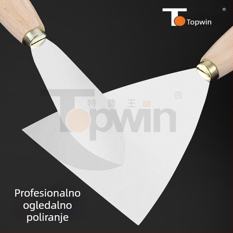 Špahtla za špakiranje od nehrđajućeg čelika, debela oštrica s oglednim završetkom, drvena drška, otvor za vješanje, za bojanje i žbukanje.