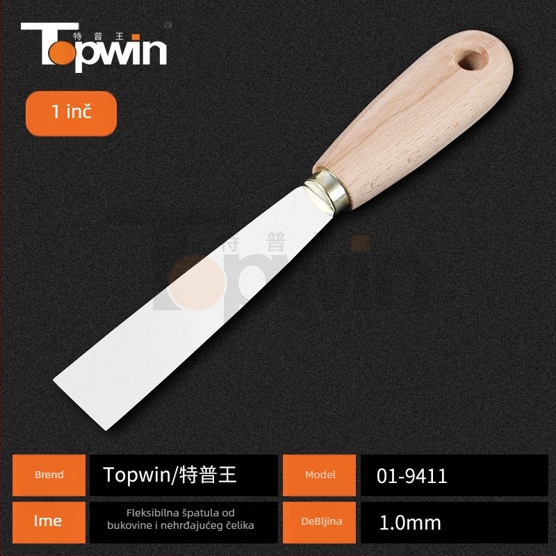 Špahtla za špakiranje od nehrđajućeg čelika, debela oštrica s oglednim završetkom, drvena drška, otvor za vješanje, za bojanje i žbukanje.