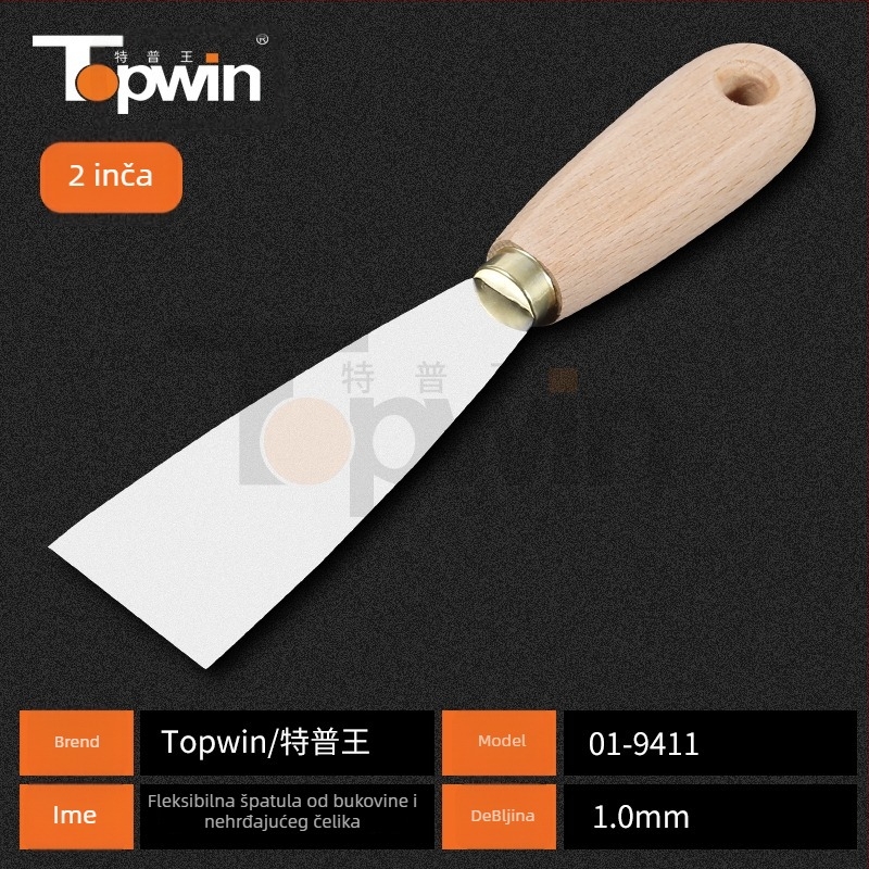 Špahtla za špakiranje od nehrđajućeg čelika, debela oštrica s oglednim završetkom, drvena drška, otvor za vješanje, za bojanje i žbukanje.