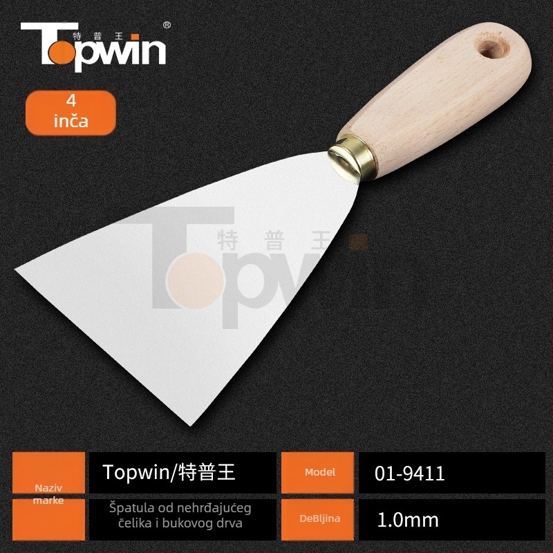 Špahtla za špakiranje od nehrđajućeg čelika, debela oštrica s oglednim završetkom, drvena drška, otvor za vješanje, za bojanje i žbukanje.