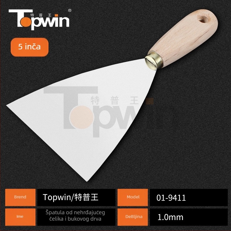 Špahtla za špakiranje od nehrđajućeg čelika, debela oštrica s oglednim završetkom, drvena drška, otvor za vješanje, za bojanje i žbukanje.