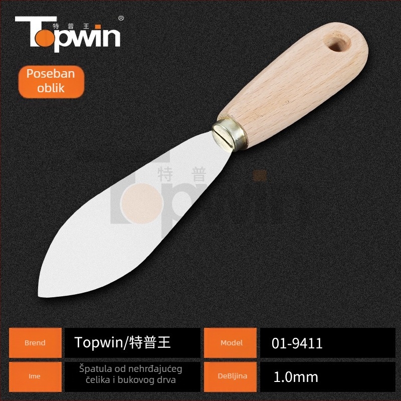 Špahtla za špakiranje od nehrđajućeg čelika, debela oštrica s oglednim završetkom, drvena drška, otvor za vješanje, za bojanje i žbukanje.